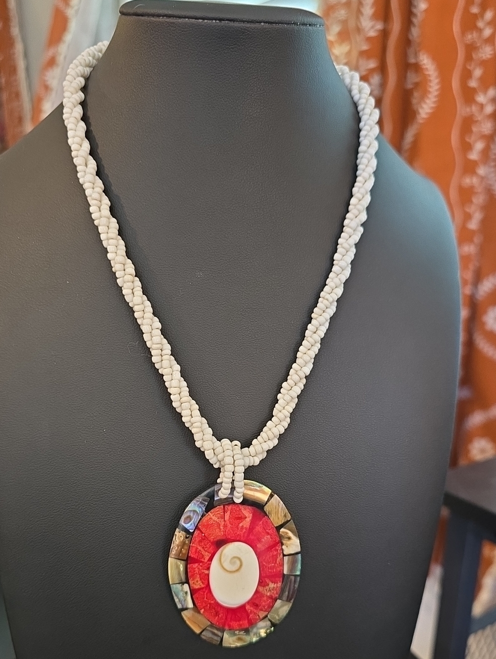 White Beaded Necklace with Red Shell Pendant